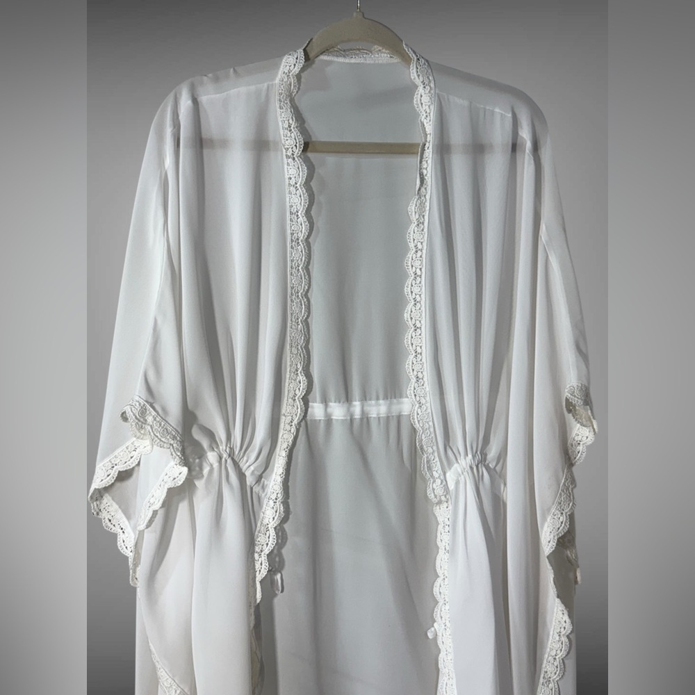 Ivory Sheer Lace Trim Boho Kimono Cardigan Tie Waist Open Front - Picture 2 of 8